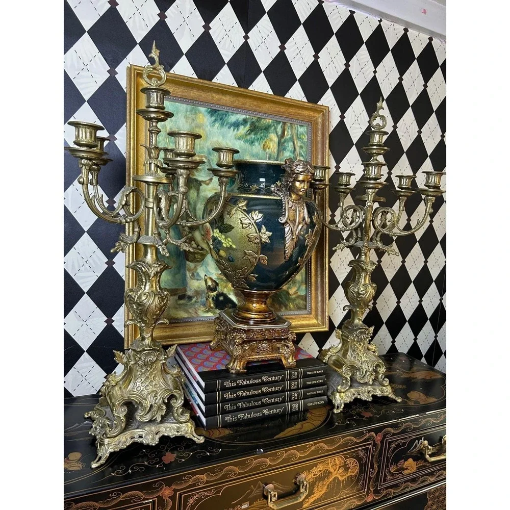 Grand-sized‎ Brass Rococo Candelabra Pair 28in Baroque 6 Arm Candle Holders